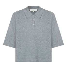 Frame Denim graphite grey cashmere polo top with short sleeves, spread collar and button placket