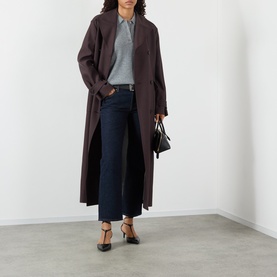 Model wearing FRAME DENIM Graphite Grey cashmere top, styled with dark brown longline coat, navy wide-leg jeans and black heels.