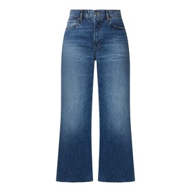 FRAME DENIM Wide Leg Jeans in Lucky Raw After, cropped length with a high waist and flared leg in mid-blue denim