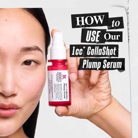 Model with Kiehl's Collagen Serum in red pump bottle held up to face, shown alongside how-to-use instructional text overlay