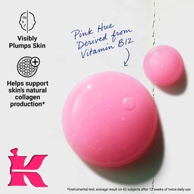 Kiehl's Collagen Serum pink gel texture swatch showing viscosity, with icons highlighting plumping and collagen-supporting benefits