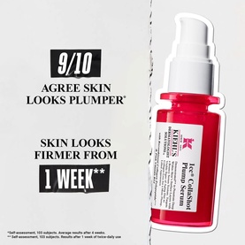 Kiehl's Collagen Serum in red pump bottle with on-pack claims: 9/10 agree skin looks plumper, firmer from 1 week