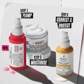 Kiehl's Collagen Serum shown in a three-step skincare routine with Ultra Facial Cream and Bright Reserve UV Serum, labelled Plump, Moisturise,