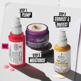 Kiehl's Collagen Serum displayed in a three-step skincare routine with moisturiser and UV serum, on a white background.