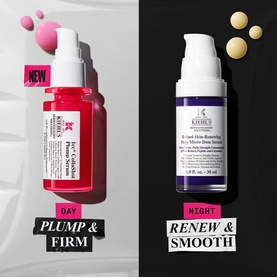 Kiehl's Collagen Serum day and night duo; pink plump and firm serum alongside purple retinol renew and smooth serum bottles.