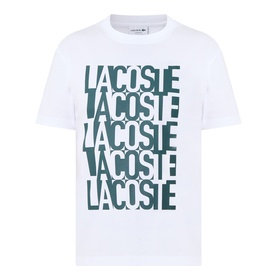 Lacoste white crew neck cotton T-shirt with repeated Lacoste logo graphic print in dark green across the chest