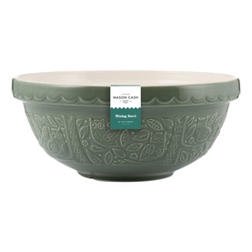 Mason & Cash green ceramic mixing bowl with embossed woodland motif design and cream interior, shown with product label