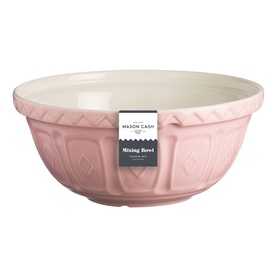 Mason & Cash pink ceramic mixing bowl with embossed diamond pattern and cream interior, shown with product label attached.