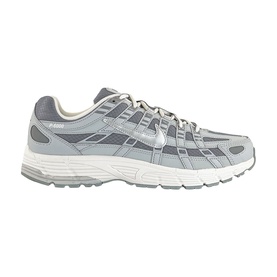 Nike P-6000 trainer in grey and white with mesh and synthetic upper, chunky white midsole, and silver Swoosh detail