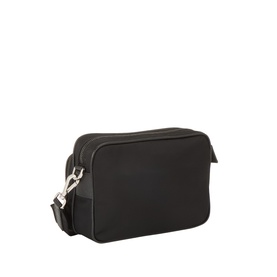 Prada black nylon crossbody camera bag with zip top, front pocket, and silver-tone hardware with adjustable strap
