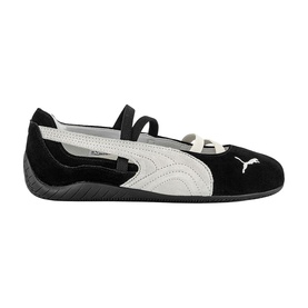 Puma black suede and white leather ballet flat with Mary Jane strap, Puma cat logo, and black rubber sole
