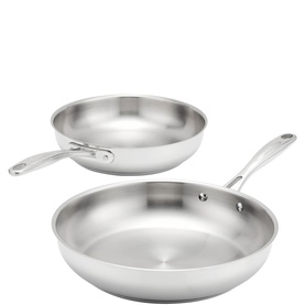 Stellar Profile Two-Piece Frying Pan Set in silver stainless steel, shown with two pans featuring cast handles and polished cooking surfaces