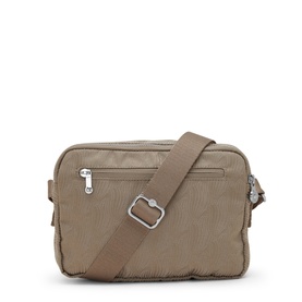 Kipling crossbody bag in taupe textured fabric with front zip pocket, silver-tone hardware and adjustable shoulder strap.