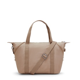 Kipling Art Medium tote bag in sandy beige with silver-tone hardware, twin top handles and detachable crossbody strap