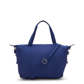 Kipling blue tote bag with dual top handles, silver-tone hardware, and detachable crossbody strap