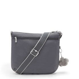 Kipling grey crossbody bag with adjustable white strap, front zip pocket, and signature fluffy keychain charm