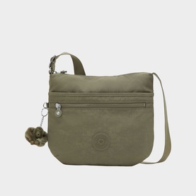 Kipling Arto Crossbody Bag in Almost Sage, two front zip pockets, adjustable strap, signature monkey keyring charm