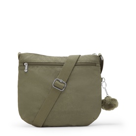 Kipling Almost Sage green crossbody bag with silver-tone zips, adjustable strap, front pocket, and signature monkey keychain.