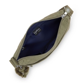 Kipling Almost Sage green nylon bag, open to reveal navy blue zip interior lining, silver-tone zip hardware visible.