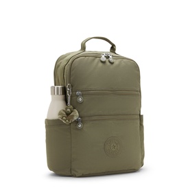 Kipling Almost Sage green nylon backpack with multiple zip pockets, top carry handle, silver hardware, and signature monkey keyring charm.