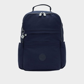Kipling large navy blue nylon backpack with multiple zip compartments, top carry handle, and silver-tone zip pulls