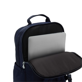 Navy blue backpack with open main compartment revealing padded laptop sleeve, silver zip hardware
