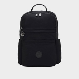 Kipling black nylon backpack with dual zip compartments, side pockets, top handle, and signature monkey keychain