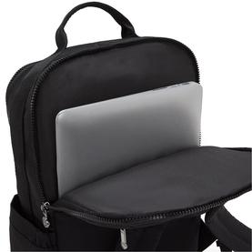 Black backpack open to reveal padded laptop compartment with grey laptop, silver zip hardware detail visible