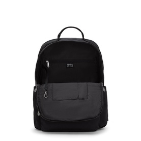 Kipling black and dark grey backpack with silver zip detail, front pocket, and top carry handle, rear view