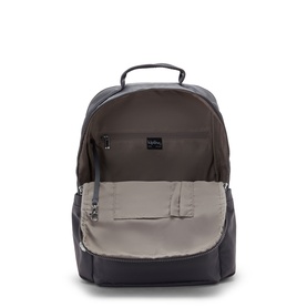 Dark grey backpack shown open, revealing spacious interior with laptop sleeve, zip pocket, and taupe lining. Top carry handle visible.