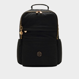 Black nylon backpack with gold-tone zips, zip pulls, and logo badge, multiple front pockets and top carry handle