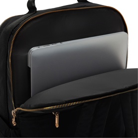Black backpack with gold-tone zip, open to reveal padded laptop compartment with grey laptop inside