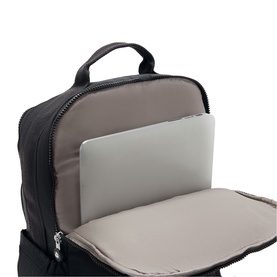 Black backpack with open main compartment revealing padded laptop sleeve and grey interior lining