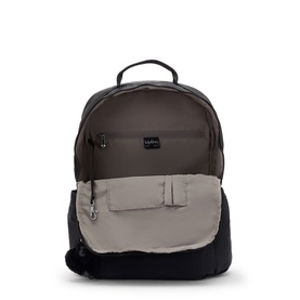 Kipling backpack in colour-block taupe, dark brown and black, with front zip pocket, top handle and silver-tone zip detail