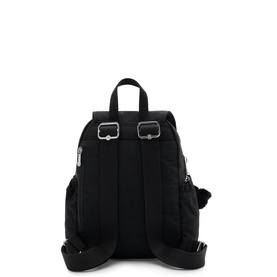 Kipling black backpack rear view, padded straps, silver buckle fastenings, zip pocket and adjustable crossbody strap