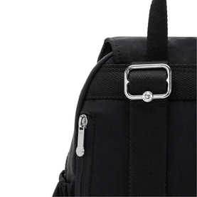 Black nylon backpack close-up showing silver-tone buckle hardware and zip pocket detail