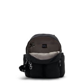 Kipling black nylon backpack, open top view showing grey interior lining, zip pockets, and signature monkey keychain