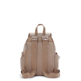 Taupe small backpack, rear view, padded shoulder straps, silver-tone hardware, adjustable chest strap and side pockets visible.