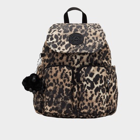 Kipling leopard print nylon backpack with black hardware, front zip pockets, drawstring top, and signature black monkey keychain
