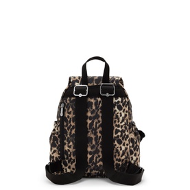 Kipling backpack in Wild Leopard print, back view showing padded straps, top carry handle and silver buckle hardware.