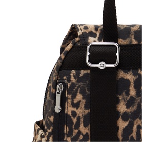 Kipling bag in Wild Leopard print, close-up showing silver buckle clasp, black webbing strap, and zip pocket detail.