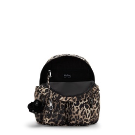 Kipling Wild Leopard print small backpack, open to show black interior lining, with silver-tone zips and black monkey keyring charm.