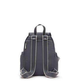 Grey nylon backpack, rear view, silver-tone zip detailing, adjustable padded straps and top carry handle