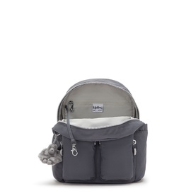 Kipling small grey backpack, open to show interior lining, two front zip pockets and signature monkey keychain