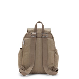 Taupe fabric backpack, rear view, showing padded shoulder straps, silver-tone buckles, and zip side pocket.