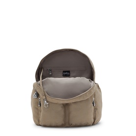 Kipling beige backpack, open top view showing spacious interior lining, multiple front zip pockets and silver-tone hardware