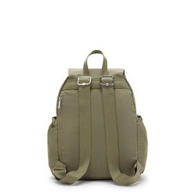 Sage green small backpack, rear view, padded adjustable straps, silver-tone buckle hardware and top carry handle