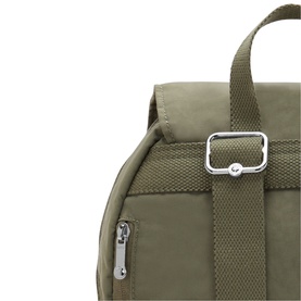 Olive green nylon backpack close-up showing zip pocket, webbing handle, and silver-tone clip hardware detail