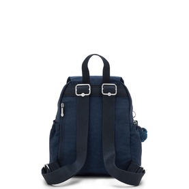 Kipling navy blue small backpack, rear view, padded adjustable shoulder straps, silver hardware, zip pockets and signature monkey keychain