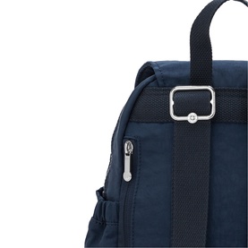 Kipling navy blue nylon backpack close-up showing zip pocket, silver-tone buckle strap detail and top carry handle.